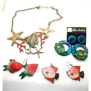 Ocean Theme Jewelry Lot Necklace 3 Earrings Fish Starfish Coral